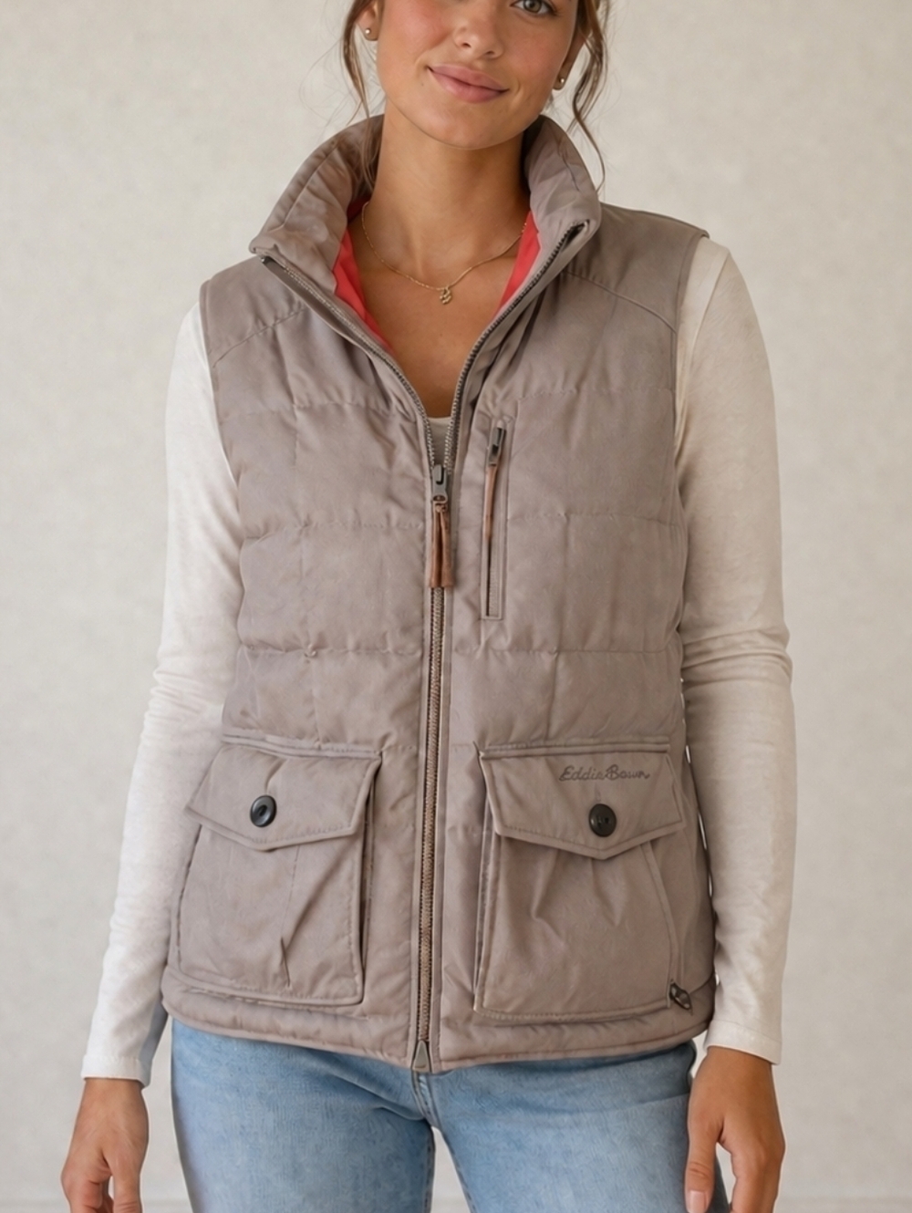 Vtg EDDIE BAUER Metallic Oatmeal Feather Down Quilted Puffer Zipper Ski Vest